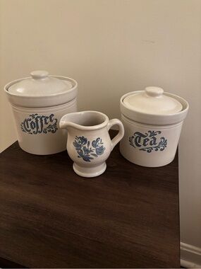 Vintage Phaltzgraff stoneware Coffee & Tea Canister Set w/ Creamer - Blue Floral